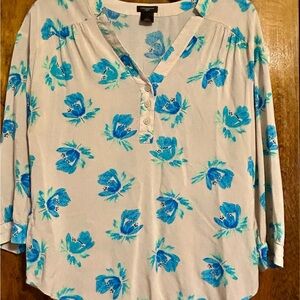 Ann Taylor White Tunic with Blue Floral Print